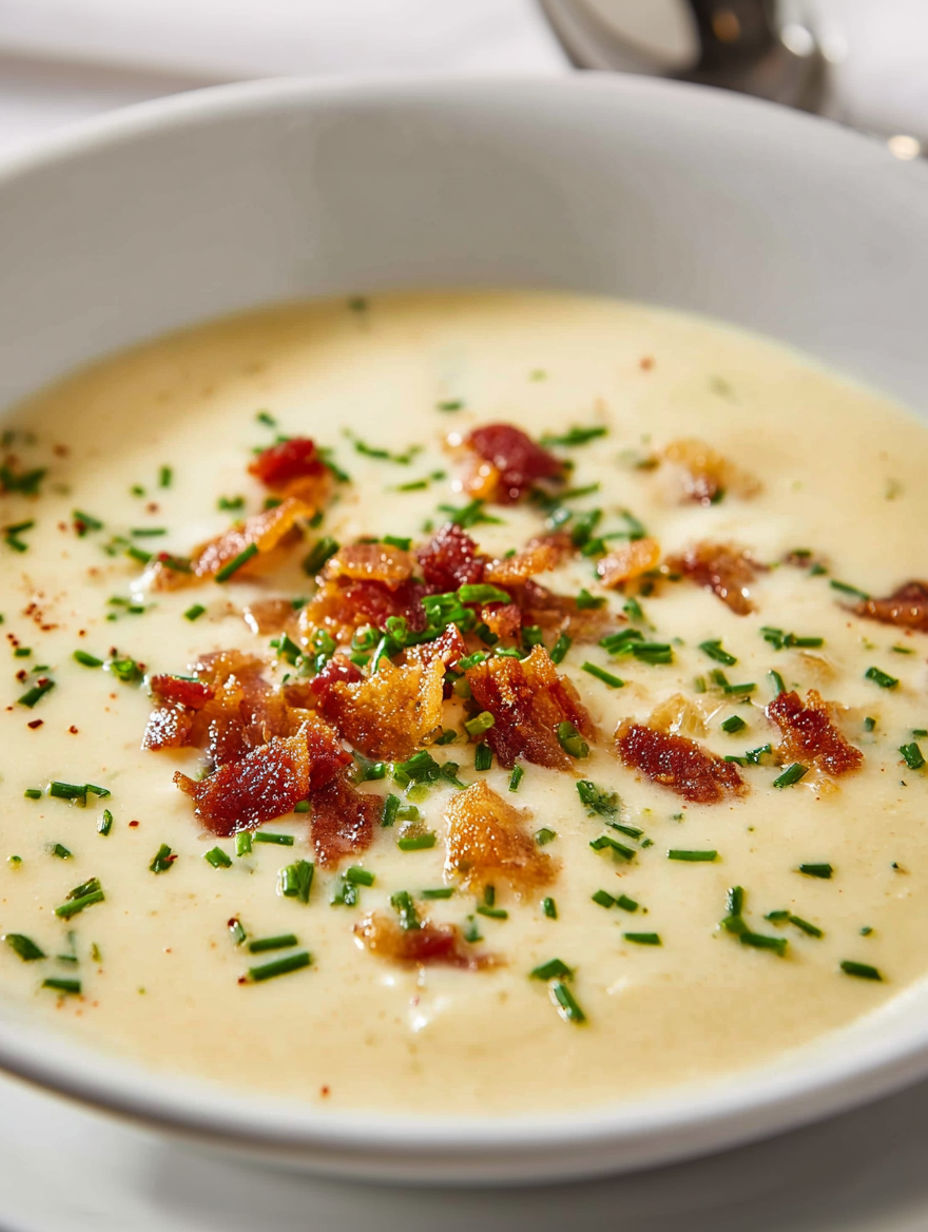 A bowl of soup with bacon and parsley.