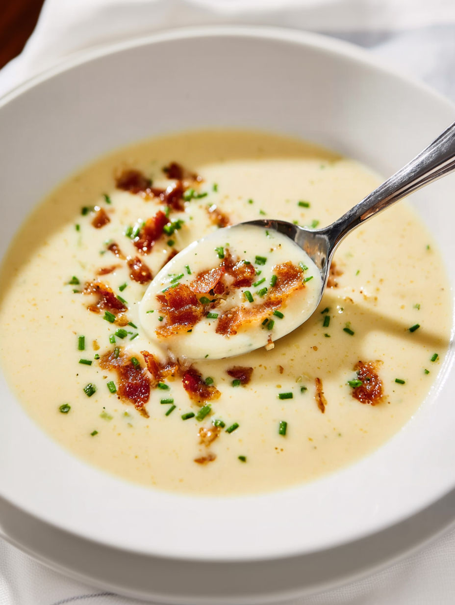 A spoon is in a bowl of soup.