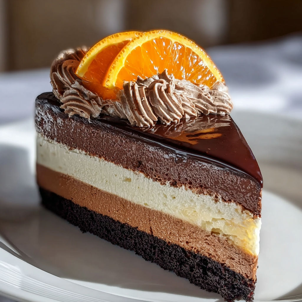 A slice of chocolate orange cheesecake.