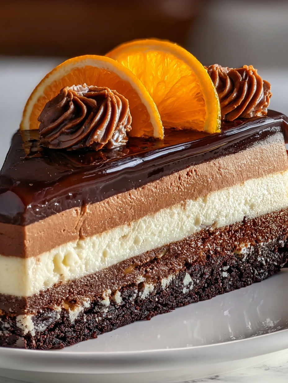 A slice of chocolate orange cheesecake.