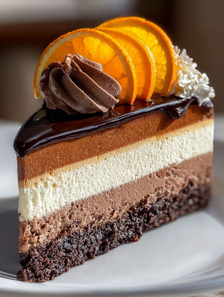 A slice of chocolate orange cheesecake.