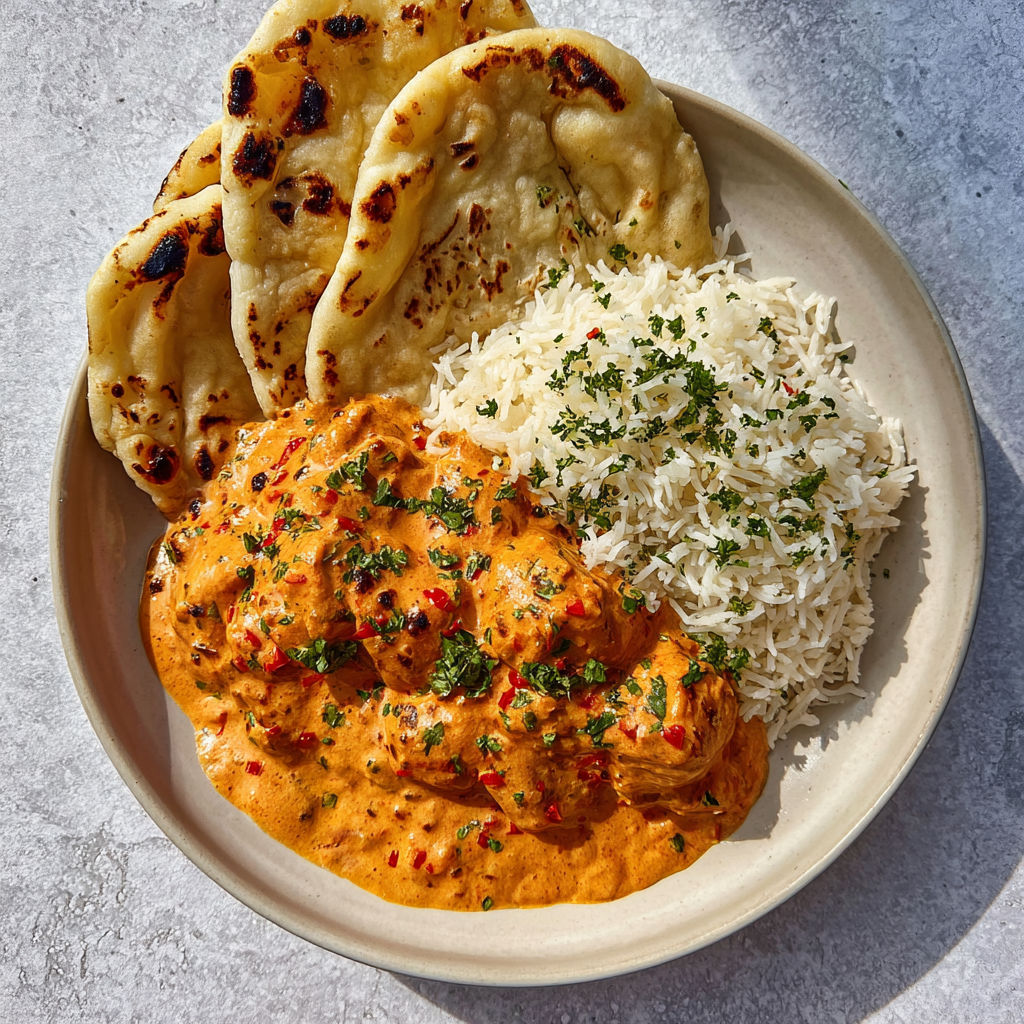 A plate of food with rice, chicken, and peppers.