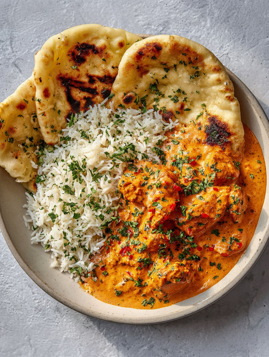 A plate of food with rice, chicken, and sauce.