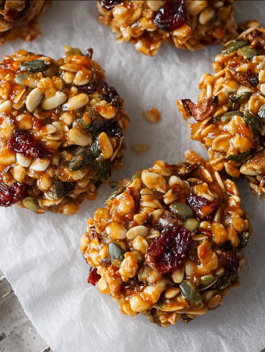 A close up of a cereal bar with nuts and raisins.