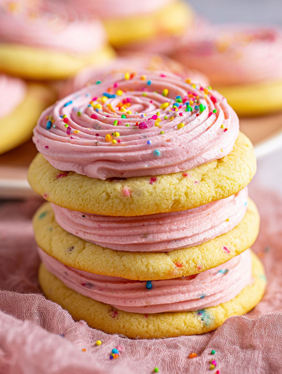 A stack of three pink cookies with white frosting and sprinkles.