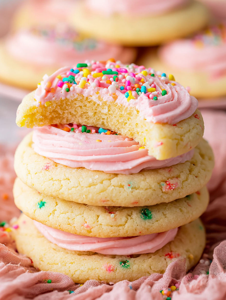 A stack of three crumb cake cookies with pink frosting and sprinkles.
