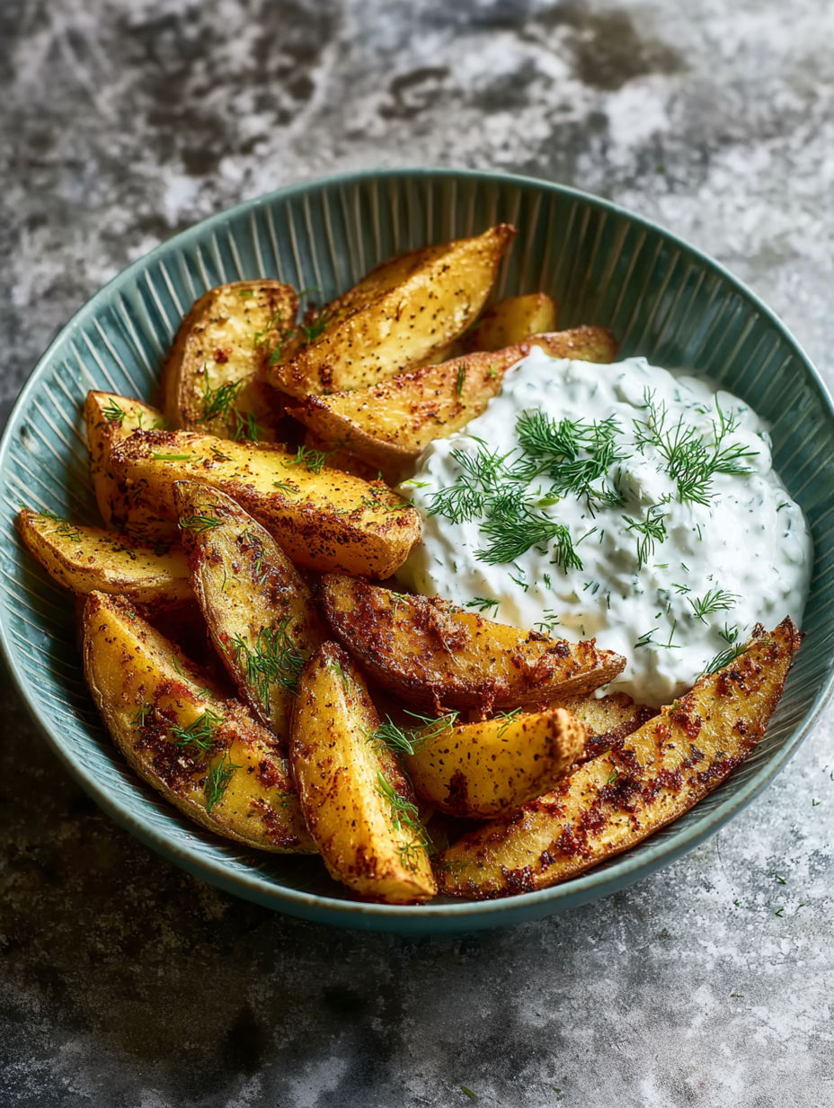 A bowl of fried potatoes with a dollop of sour cream.