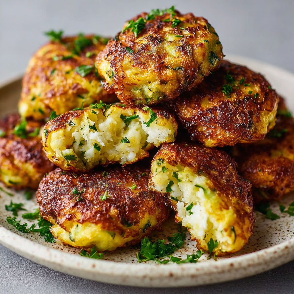A plate of fried zucchini balls with herbs on top.