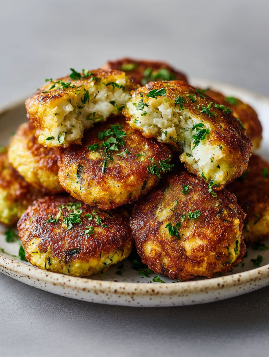A plate of fried zucchini balls with feta cheese.