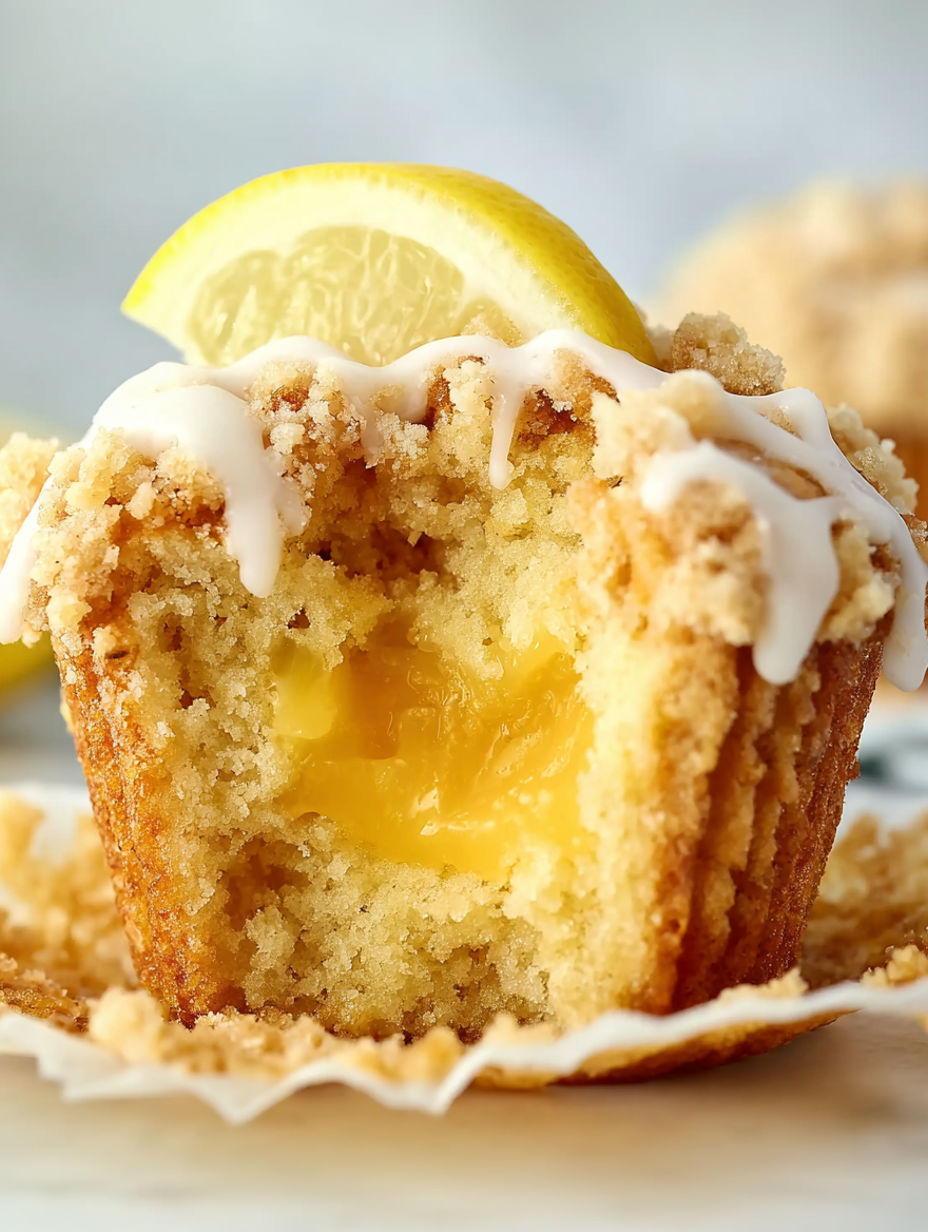 A slice of lemon curd muffin with a lemon wedge on top.