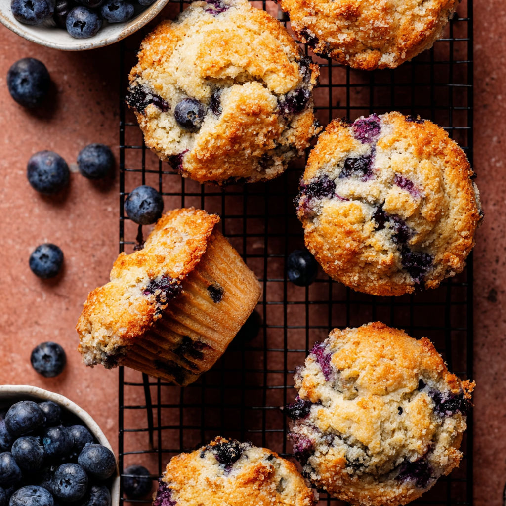 A tray of bakery style blueberry muffins.