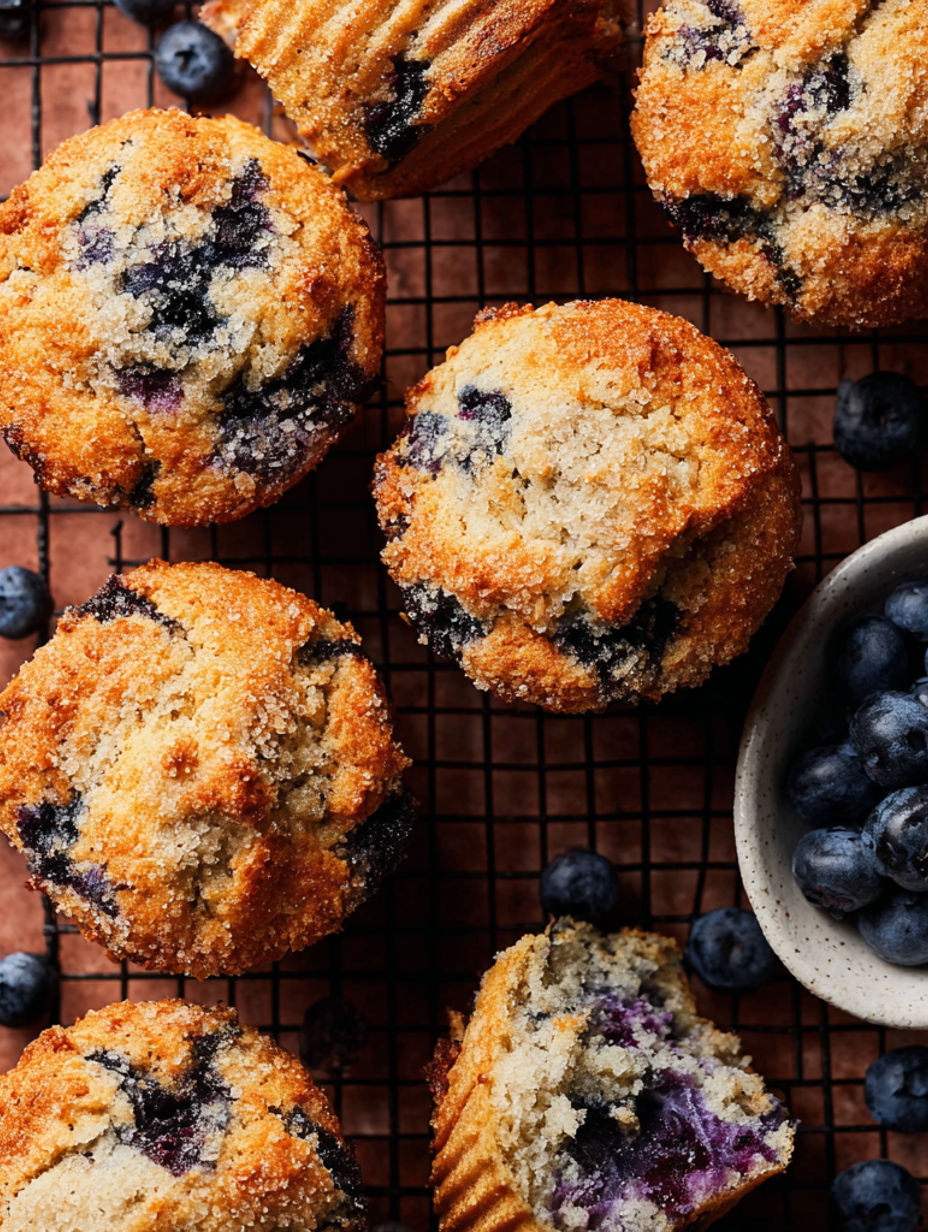 A tray of bakery style blueberry muffins.