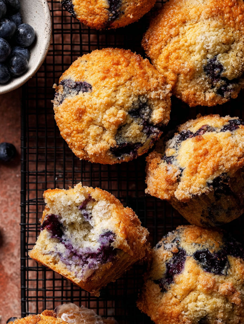 A tray of bakery style blueberry muffins.