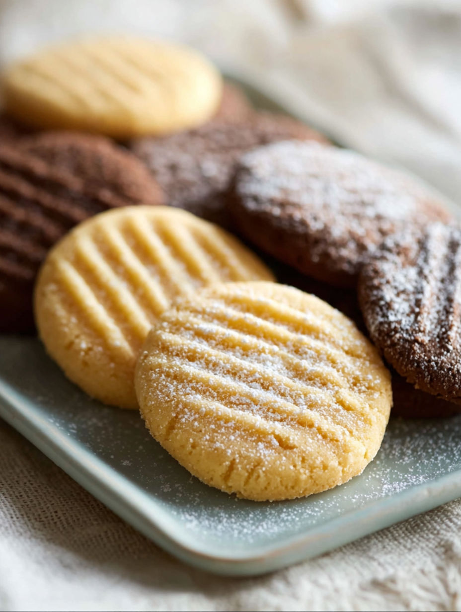 A plate of cookies with powdered sugar on top.