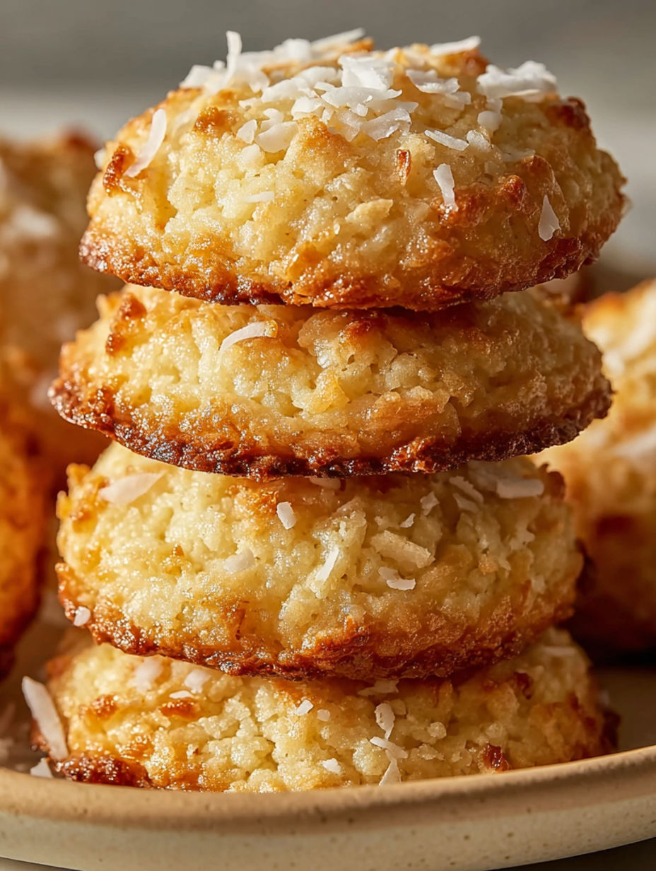 Three stacks of chewy coconut cookies.
