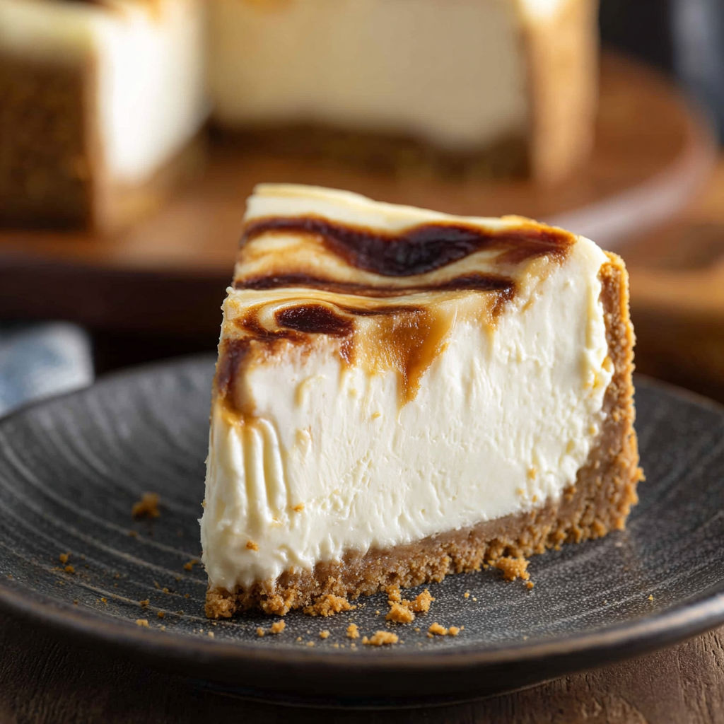 A slice of cheesecake with caramel drizzle.