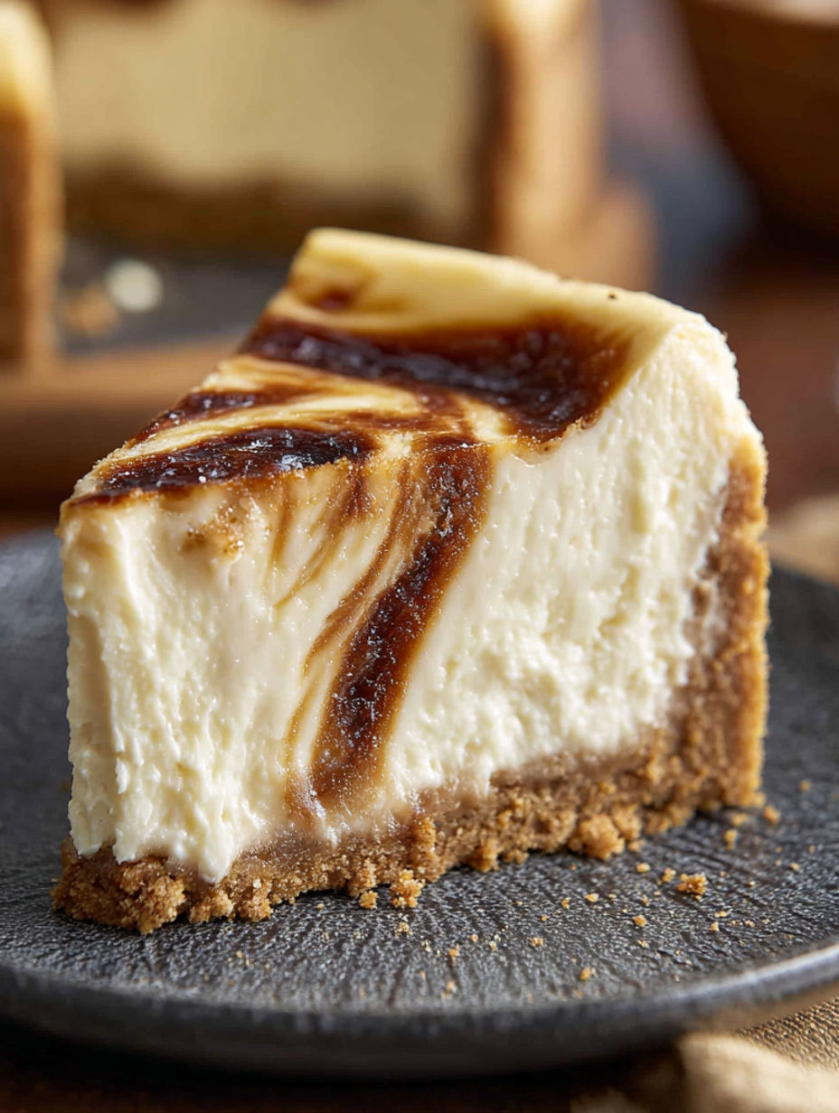 A slice of cheesecake with caramel sauce.