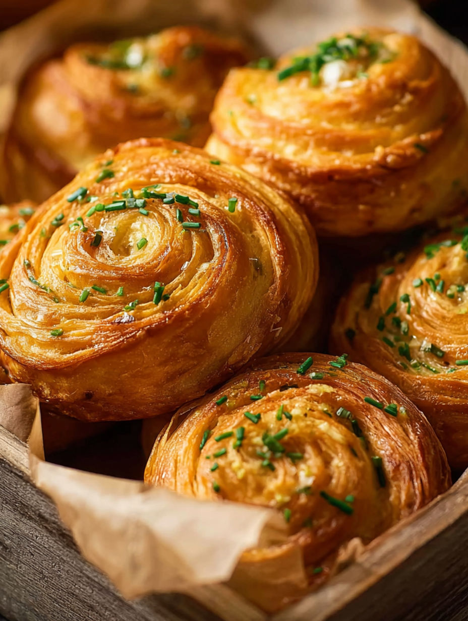A basket of pastries with green herbs on top.