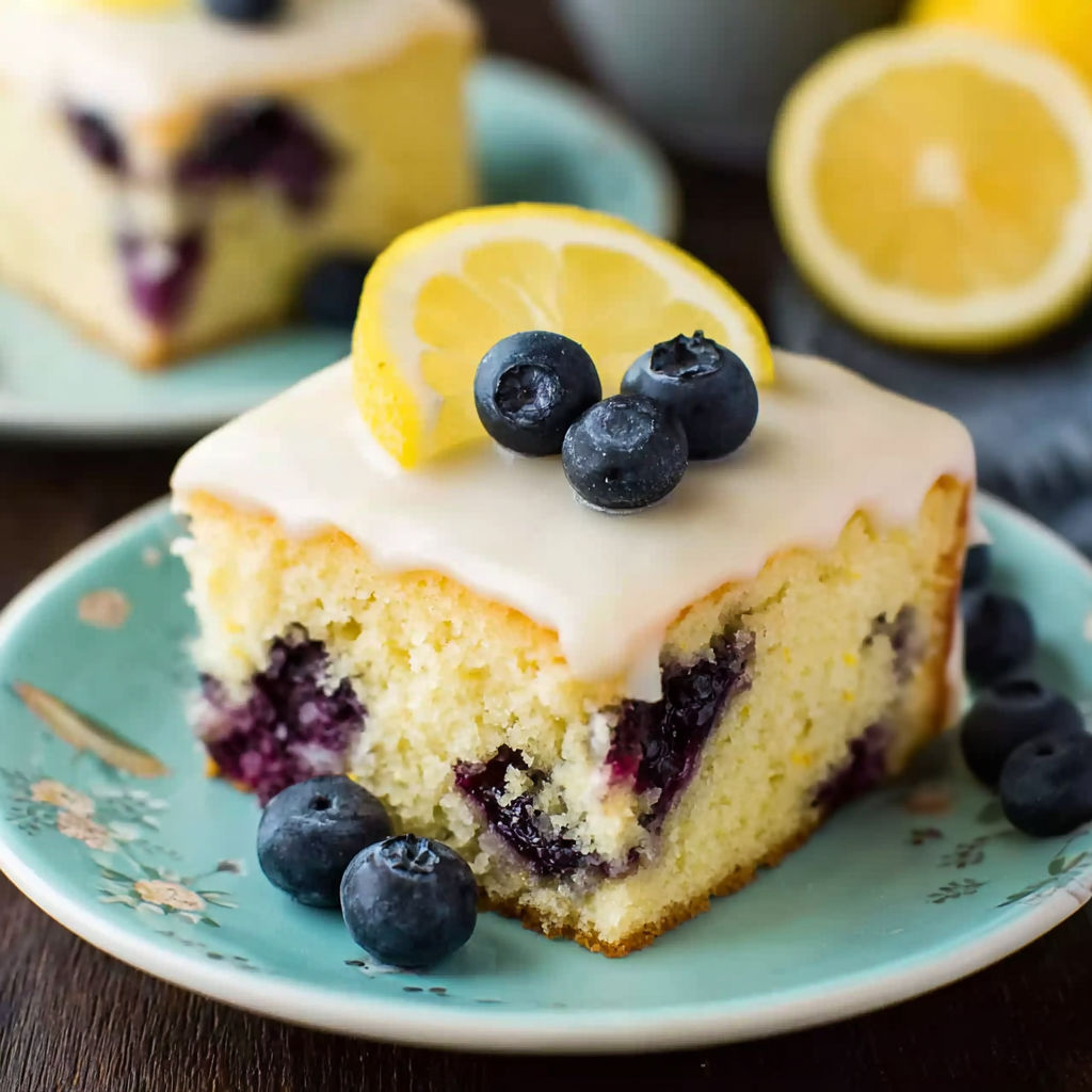 A slice of cake with blueberries and lemon on top.
