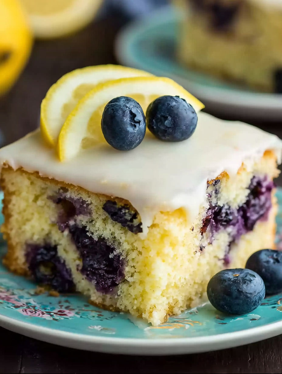 A slice of cake with blueberries and lemon on top.