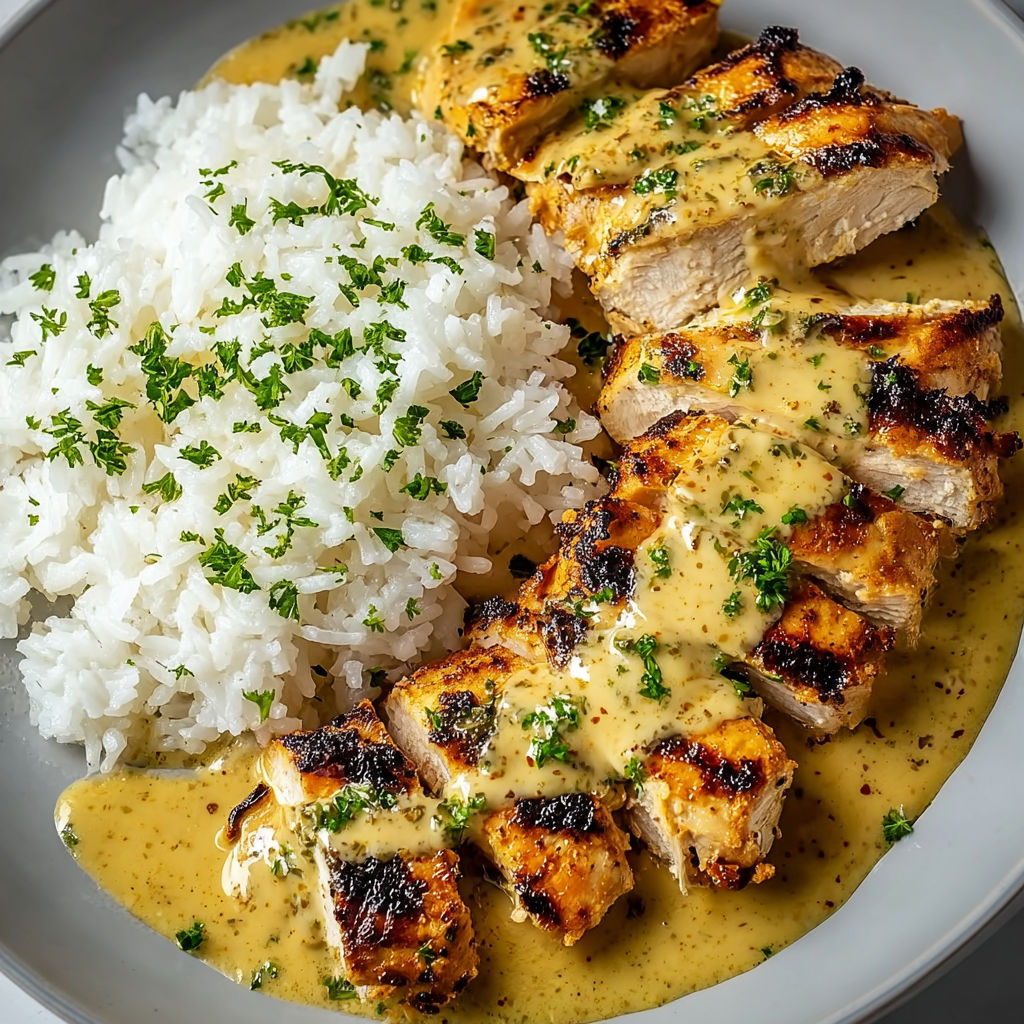 A plate of chicken with rice and sauce.