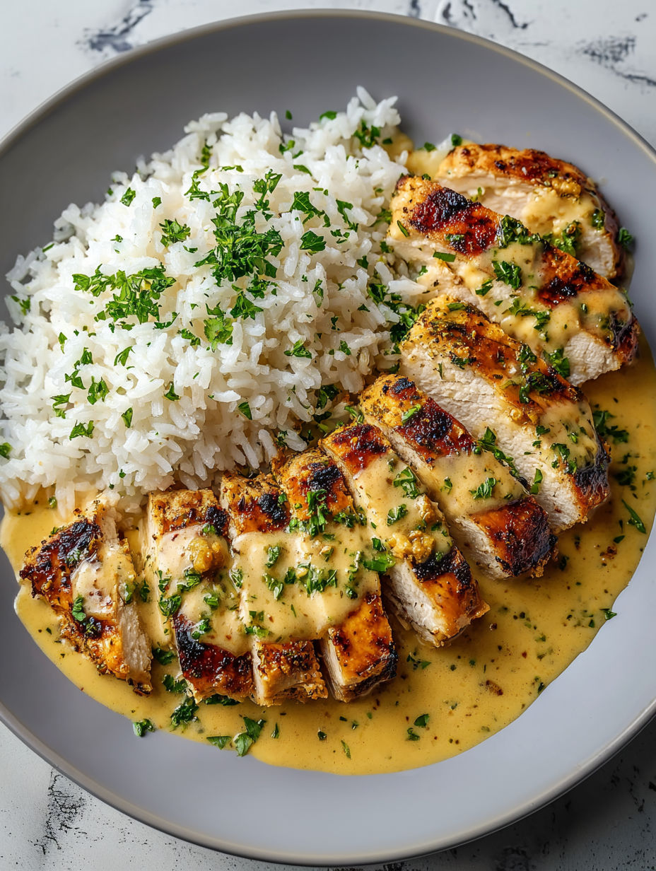 A plate of chicken with rice and sauce.