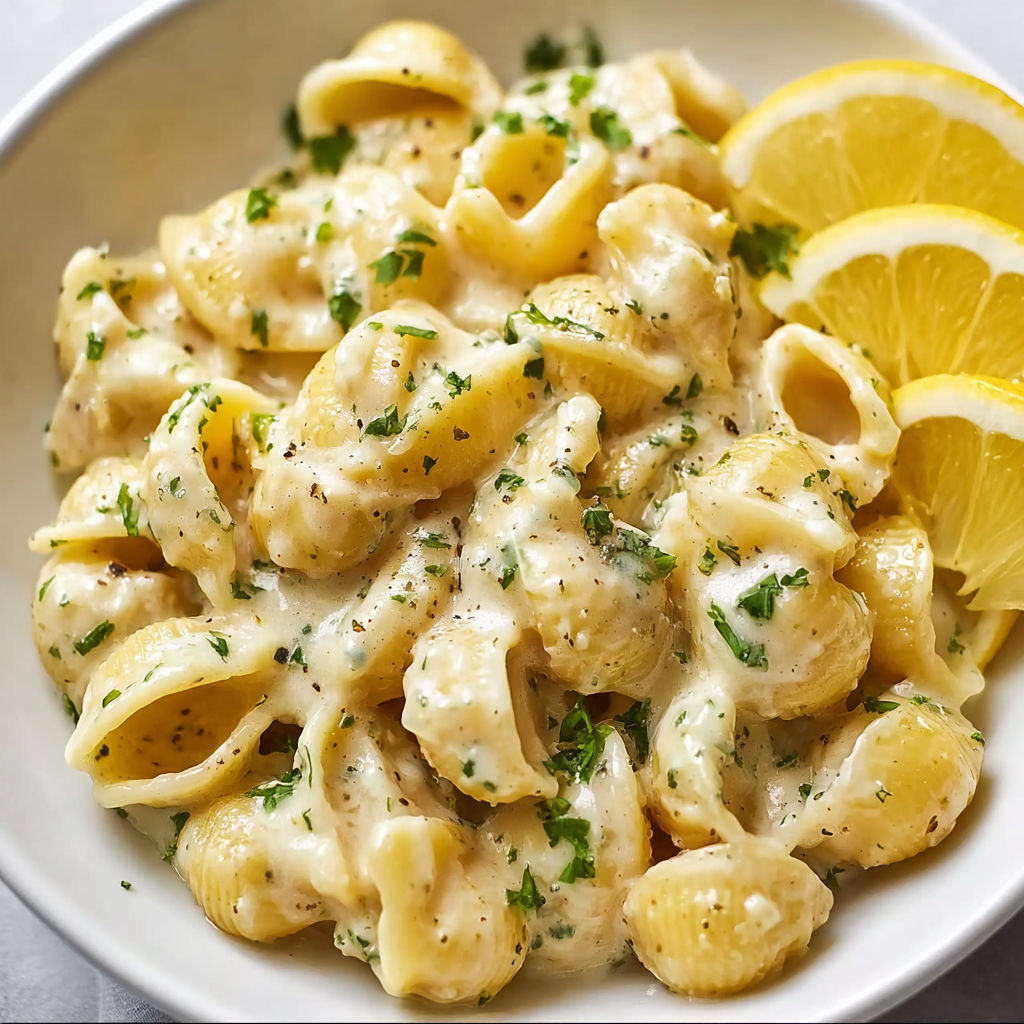 A bowl of garlic butter pasta with a lemon wedge on the side.