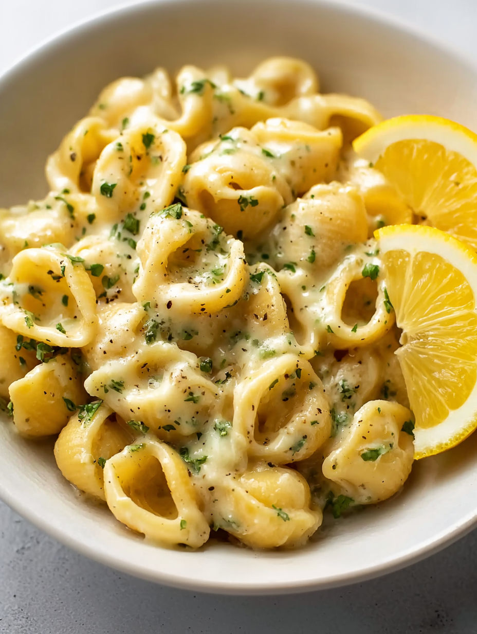 A bowl of garlic butter pasta with a lemon wedge on top.