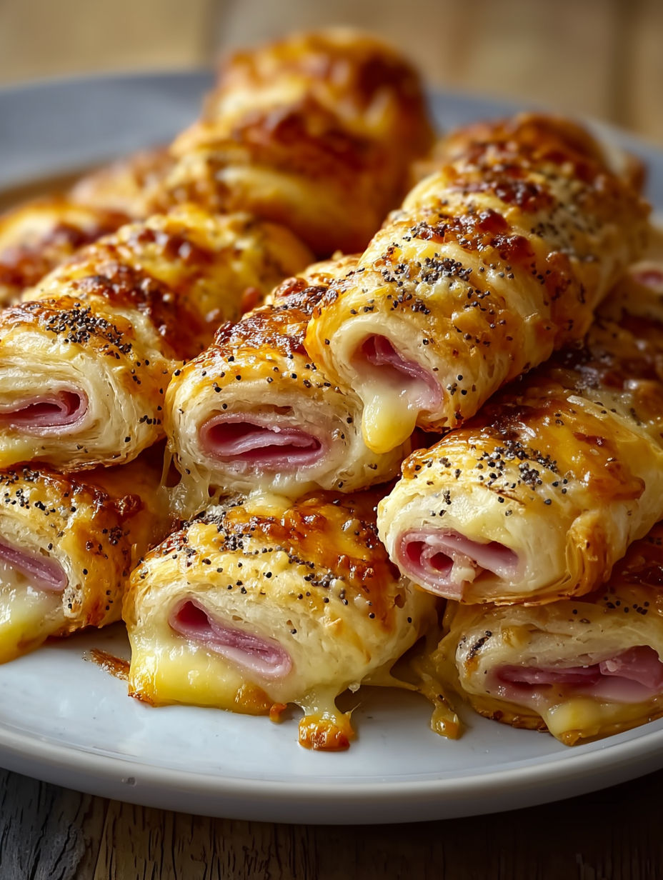 A plate of ham and cheese sticks.