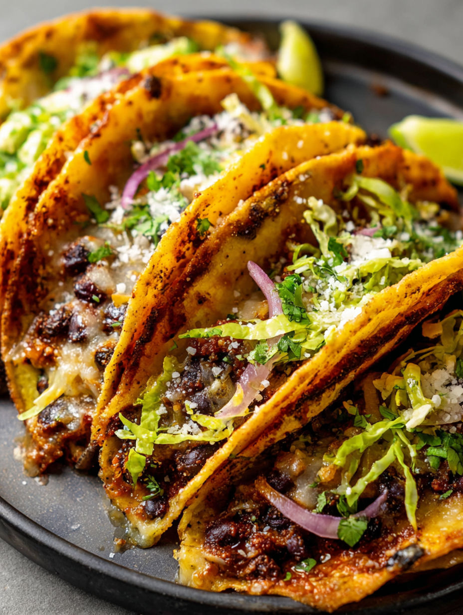 A plate of black bean tacos with lettuce and cheese.