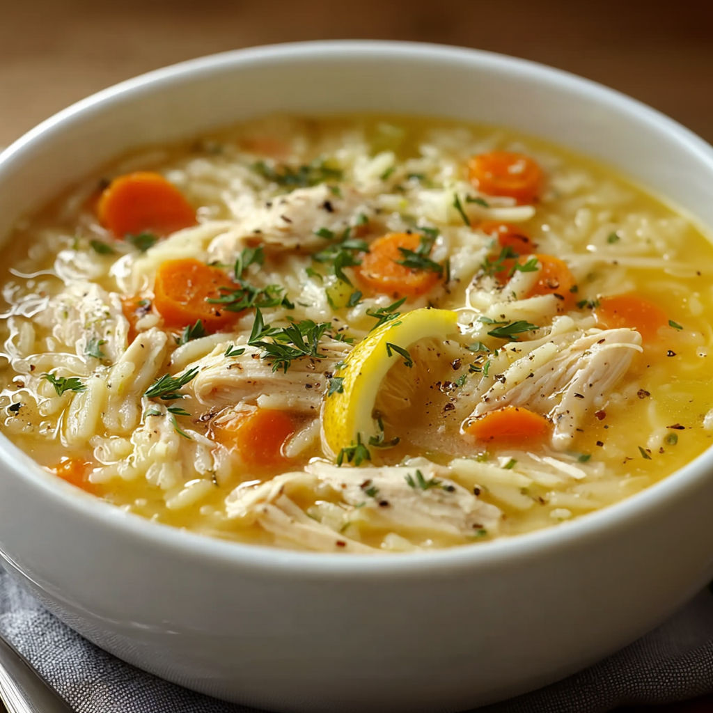 A bowl of soup with chicken, carrots, and lemon.