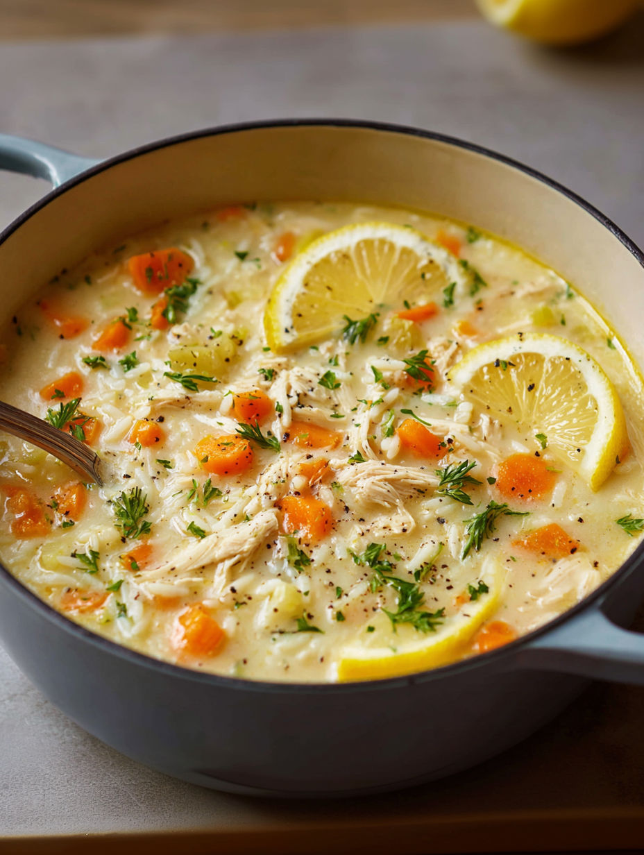 A bowl of Greek Lemon Chicken soup.