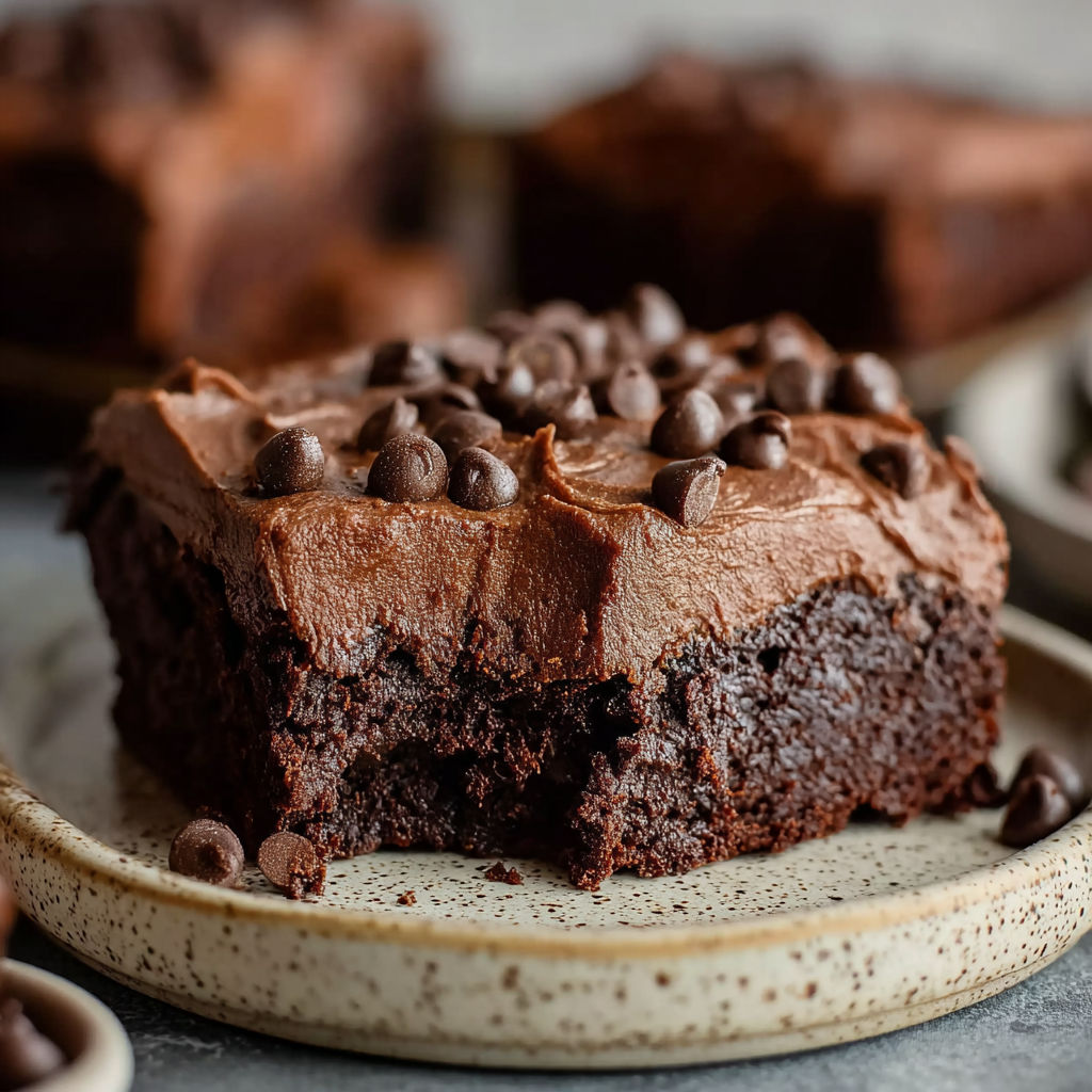 A plate of brownies with chocolate and chocolate chips.