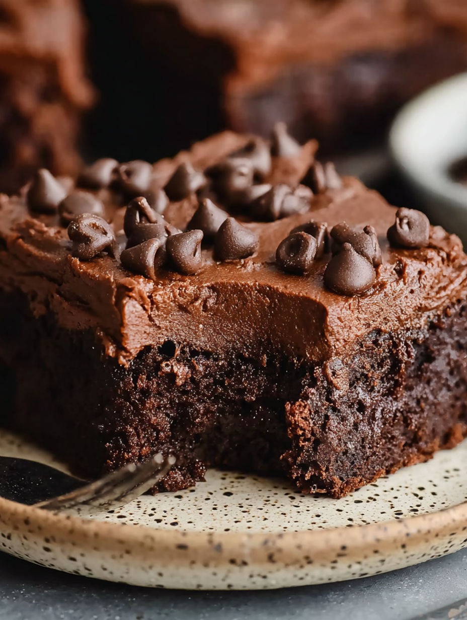 A close up of a chocolate cake with chocolate chips.