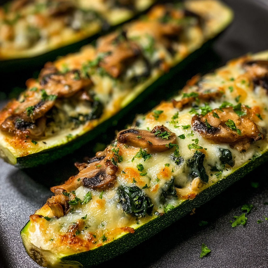Two zucchini boats filled with spinach, mushrooms and ricotta.