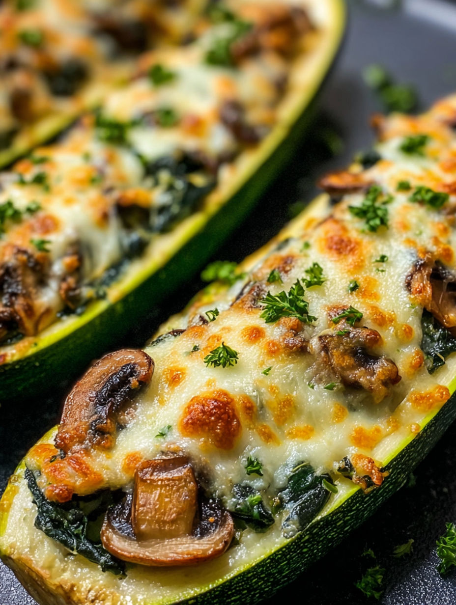 Two zucchini boats filled with spinach, mushrooms and ricotta.