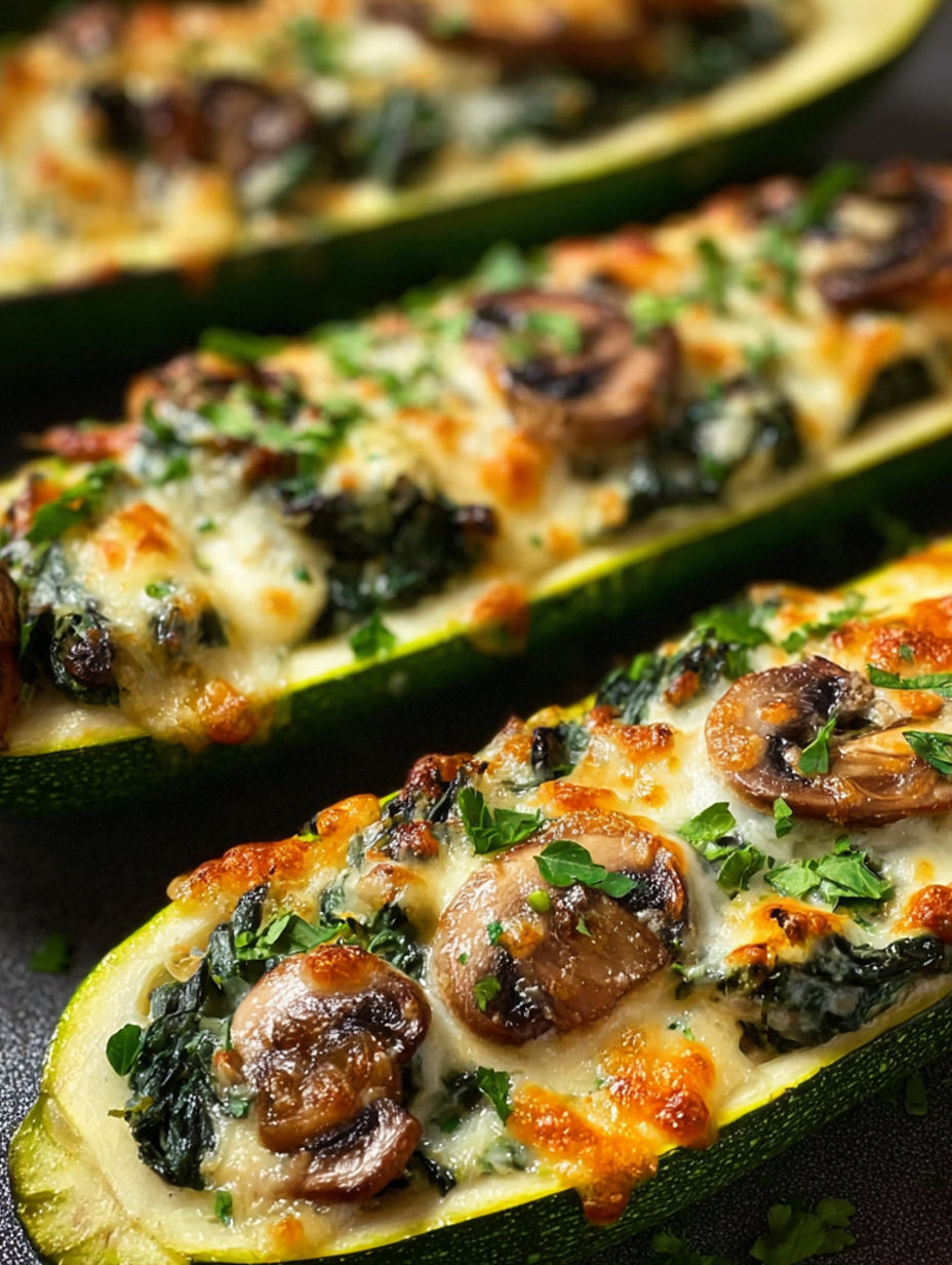 Two zucchini boats filled with spinach, mushrooms and ricotta.