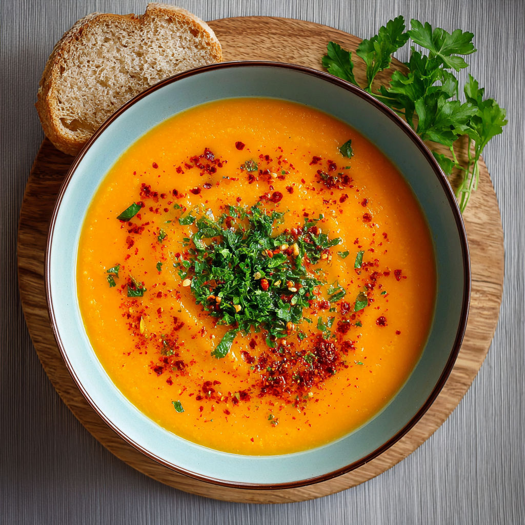 A bowl of soup with a piece of bread on a table.