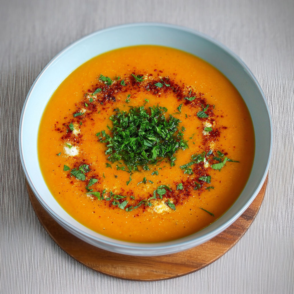 A bowl of soup with a green garnish.