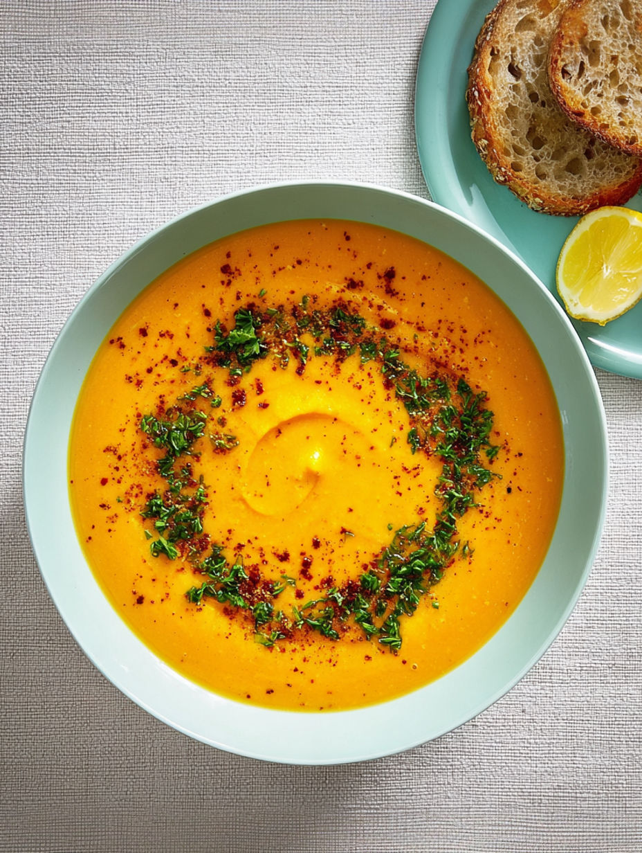 A bowl of red lentil soup with a slice of lemon on top.