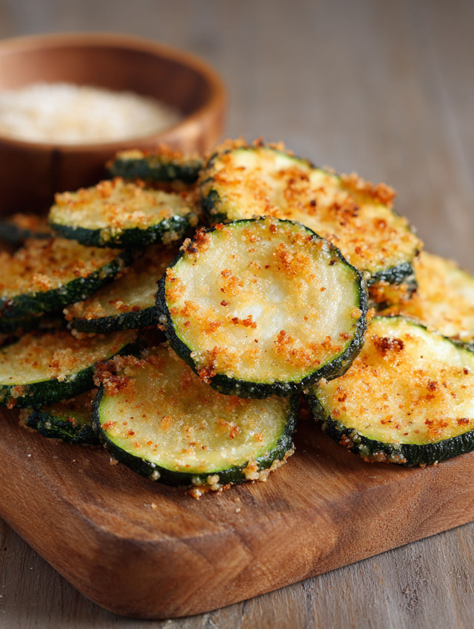 A wooden cutting board with a bowl of seasoned zucchini chips.