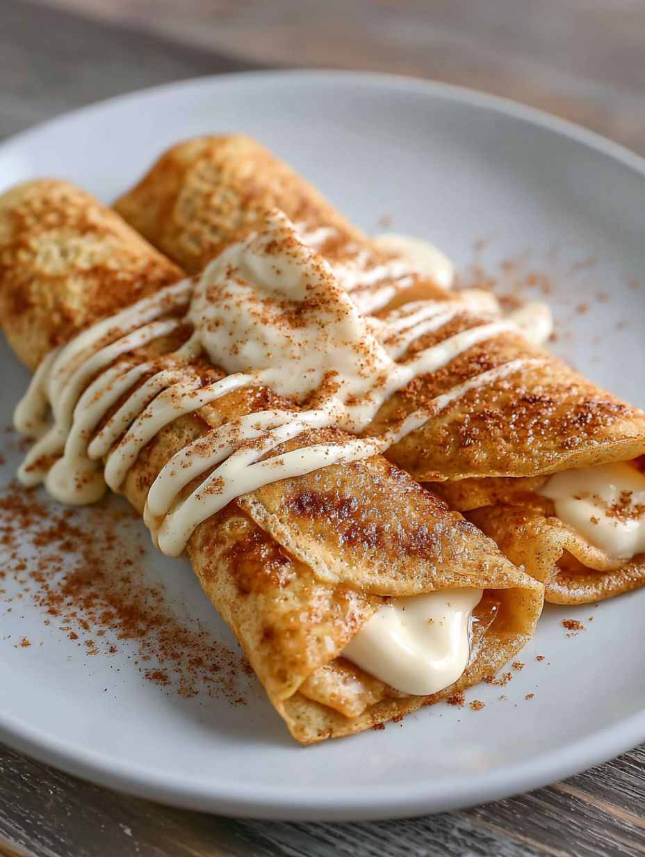 A plate of cinnamon roll protein crêpes.
