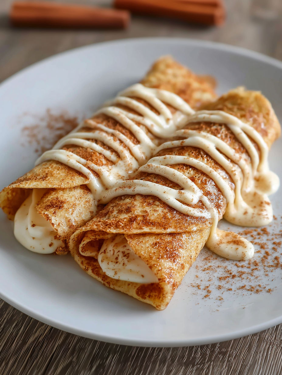 A plate of cinnamon roll protein crêpes.