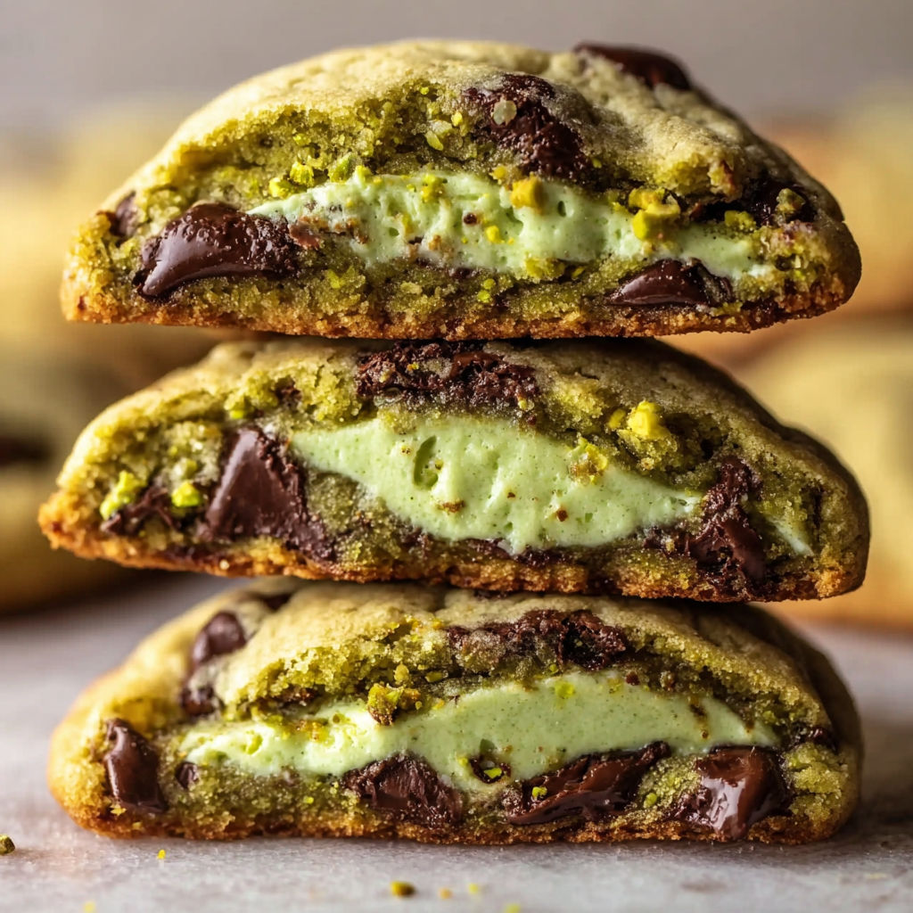 Three stacked cookies with white and green toppings.