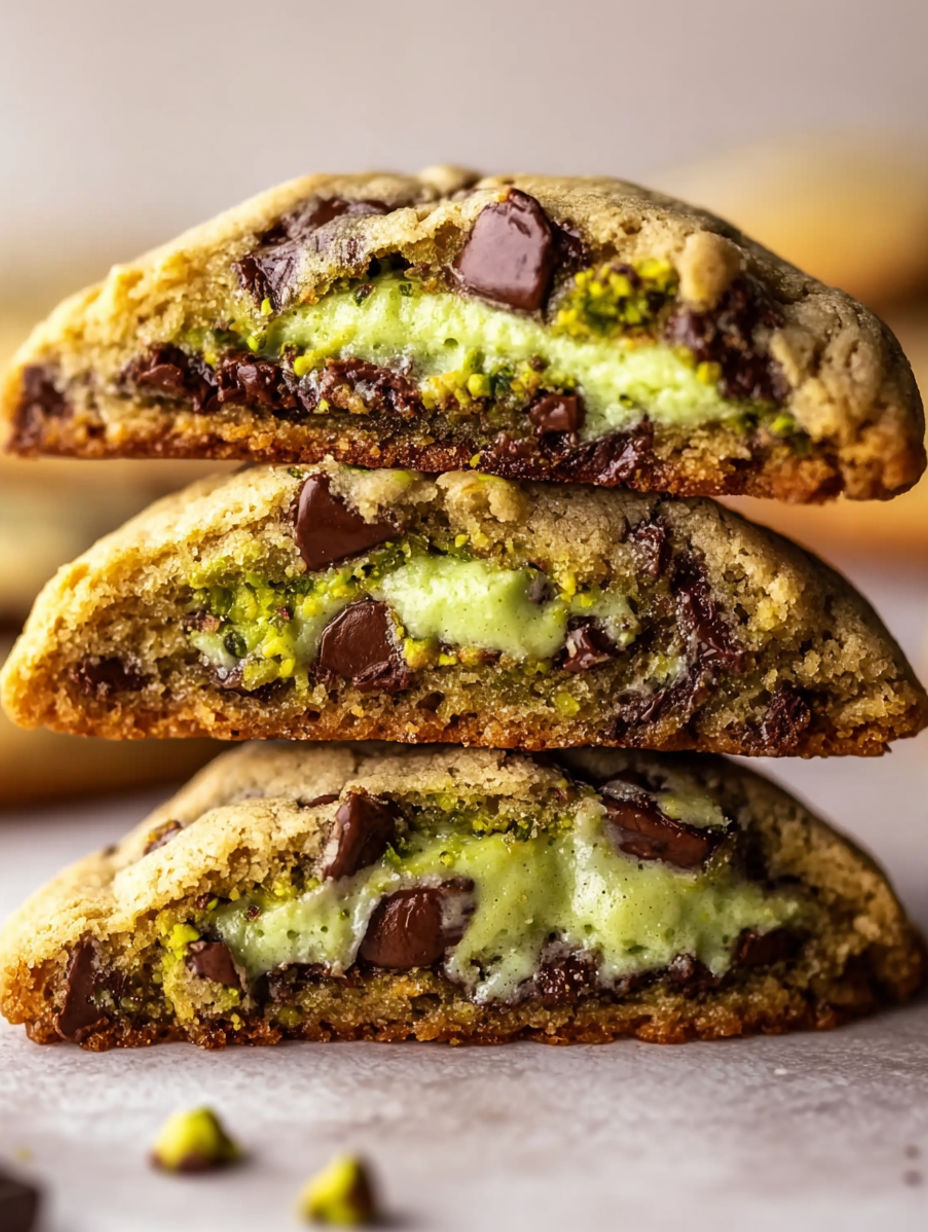 Three stacked cookies with chocolate and pistachio cream.