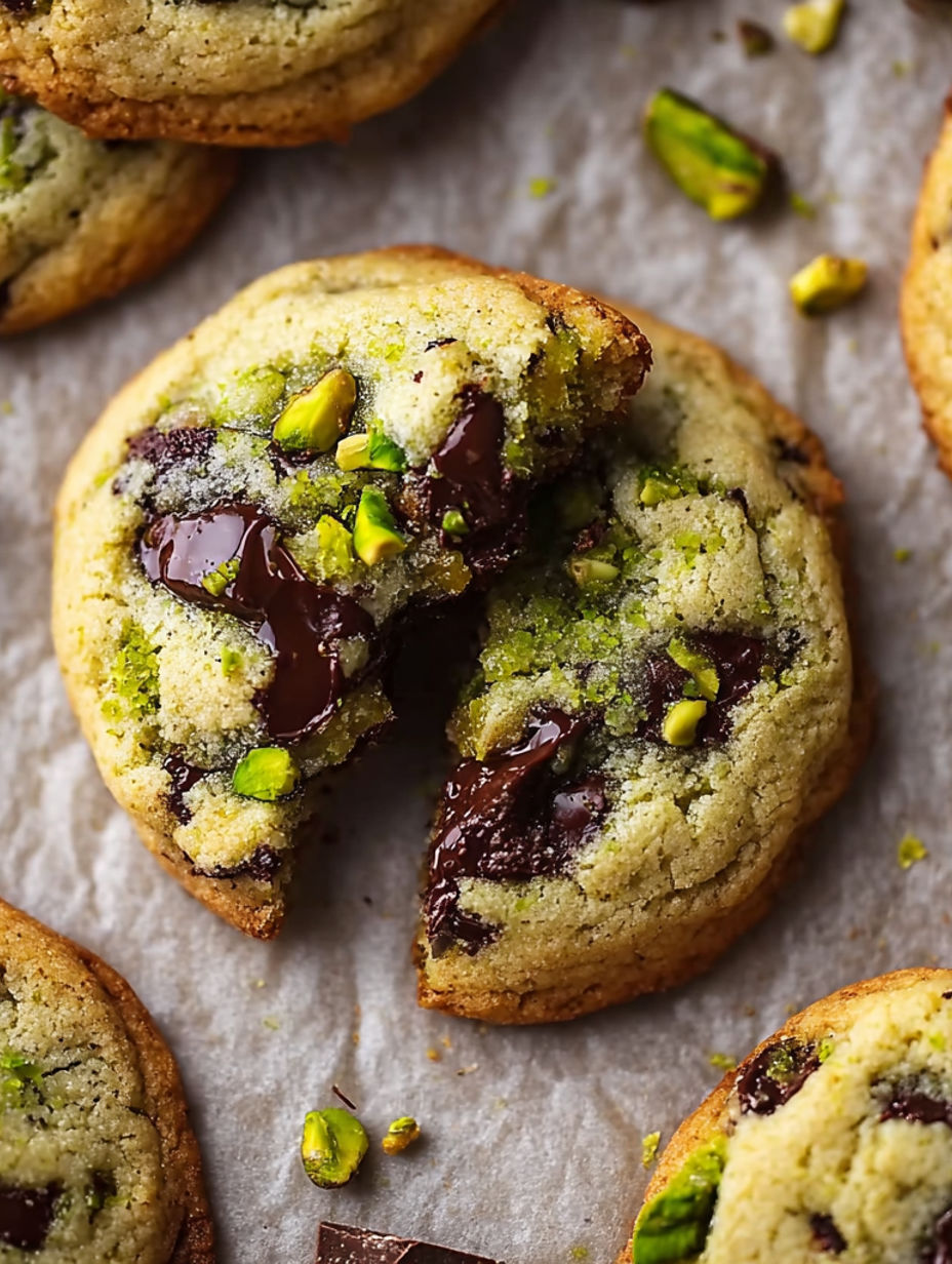 A slice of a chocolate cookie with pistachio cream.