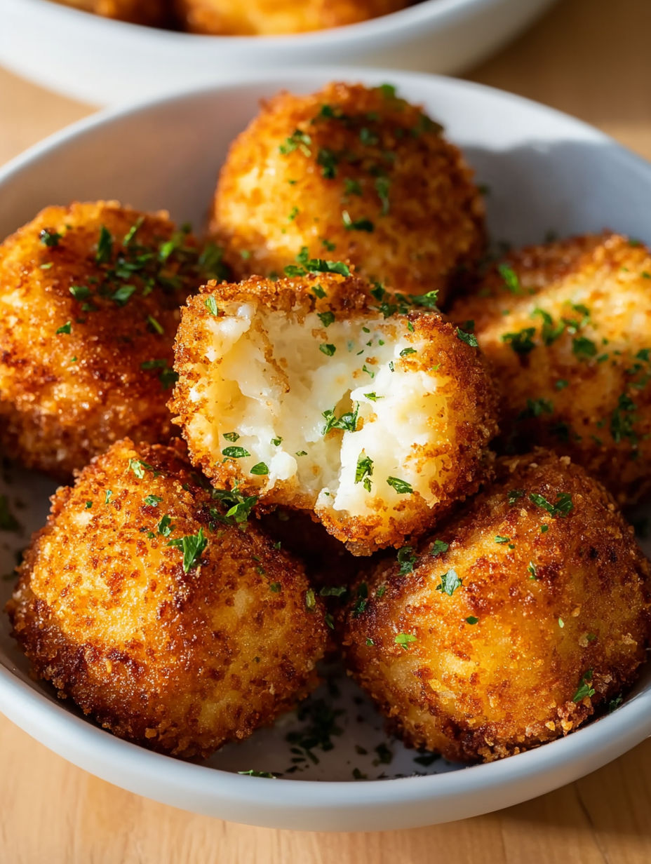 A bowl of cheesy mashed potato balls.