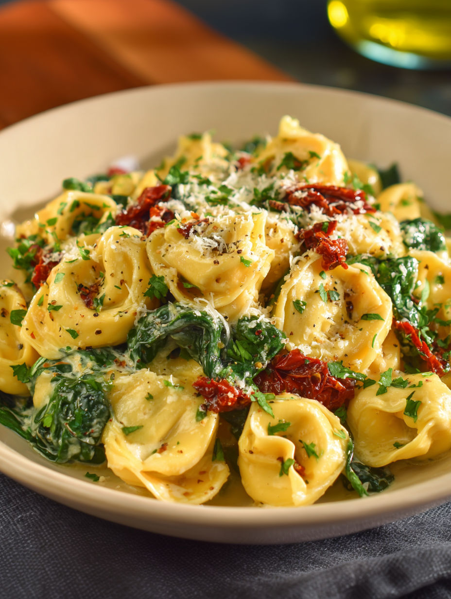 A plate of pasta with cheese and spinach.