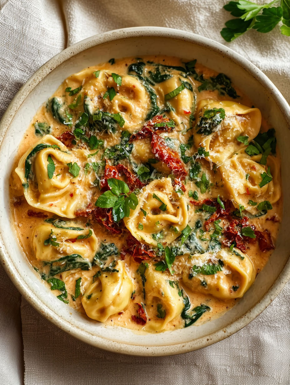 A bowl of tortellini with cheese and spinach.