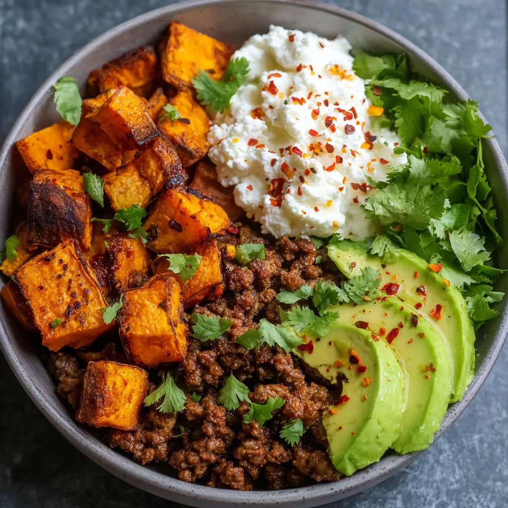 A bowl of food with sweet potatoes, meat, and avocado.